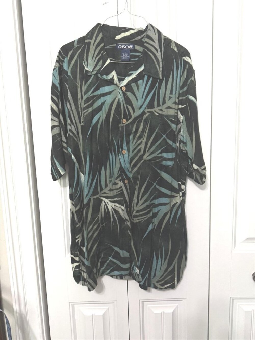 Cherokee Hawaiian Shirt Mens Large Cotton Tropical Palms Tree Fronds